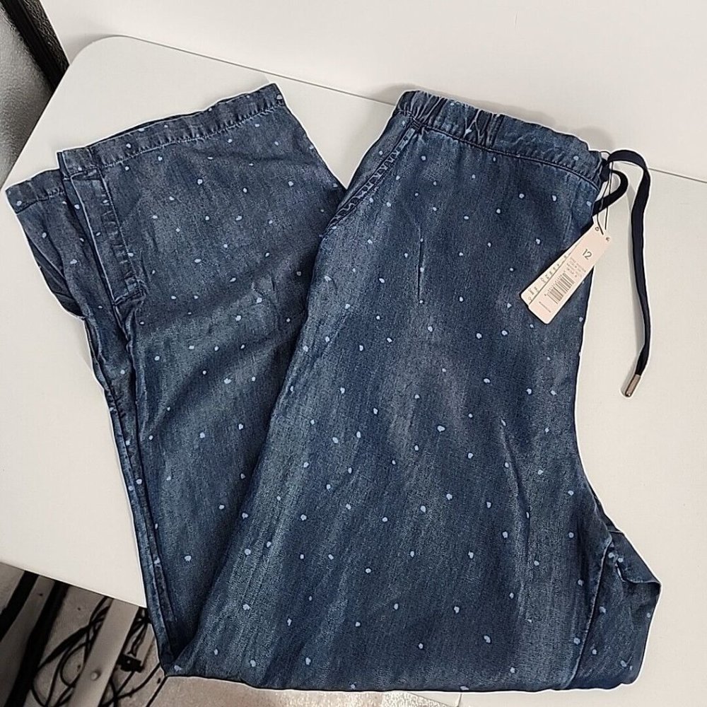 NEW NIC + ZOE DENIM DOT WIDE-LEG PANT Size 12 Blue Pull On Drawstring Womens